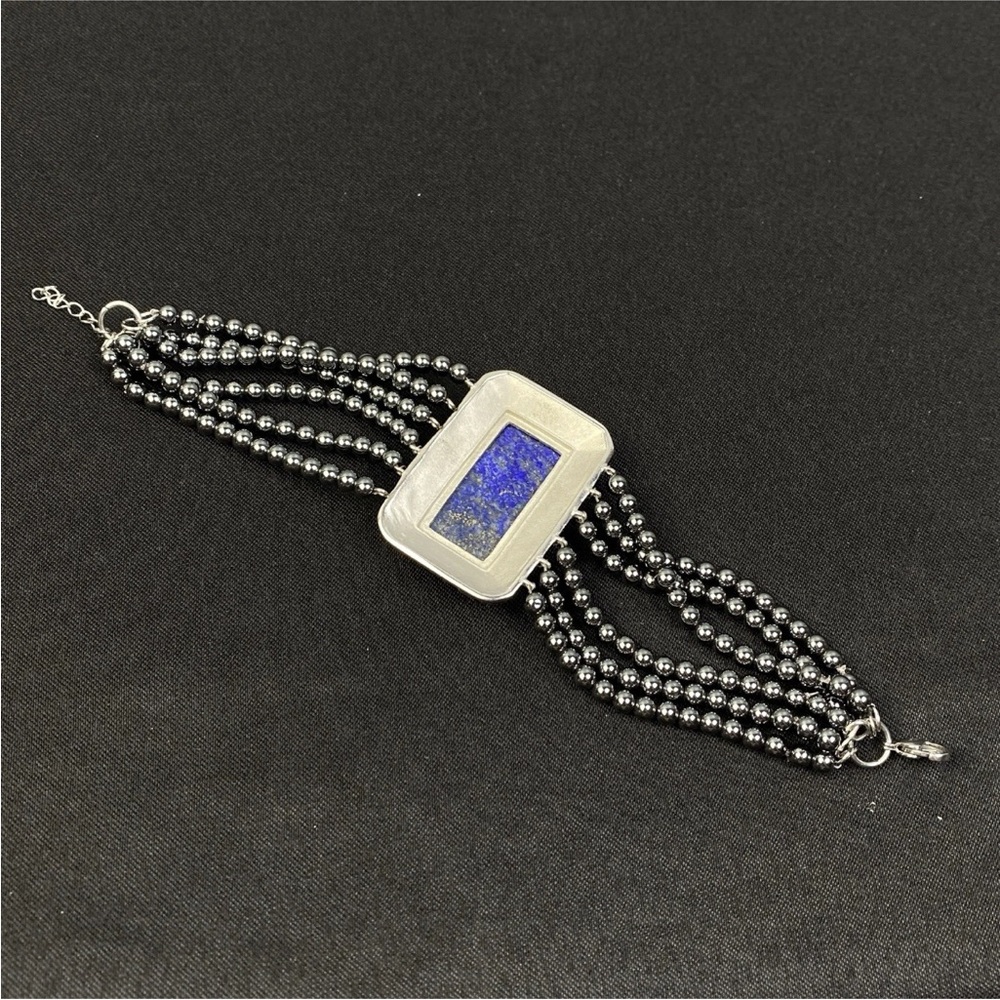 Hanmdade Bracelet Red Blue Enamel Hematite Beads Lapis Lazuli Stone 7" to 8" - Picture 6 of 14